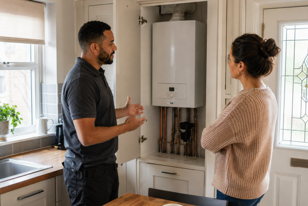 Plumber conversing with a client in front of a boiler