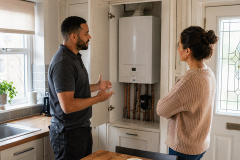 Plumber conversing with a client in front of a boiler