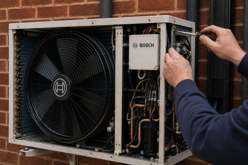 CS Plumbing and Heating Engineer servicing an air conditioning unit